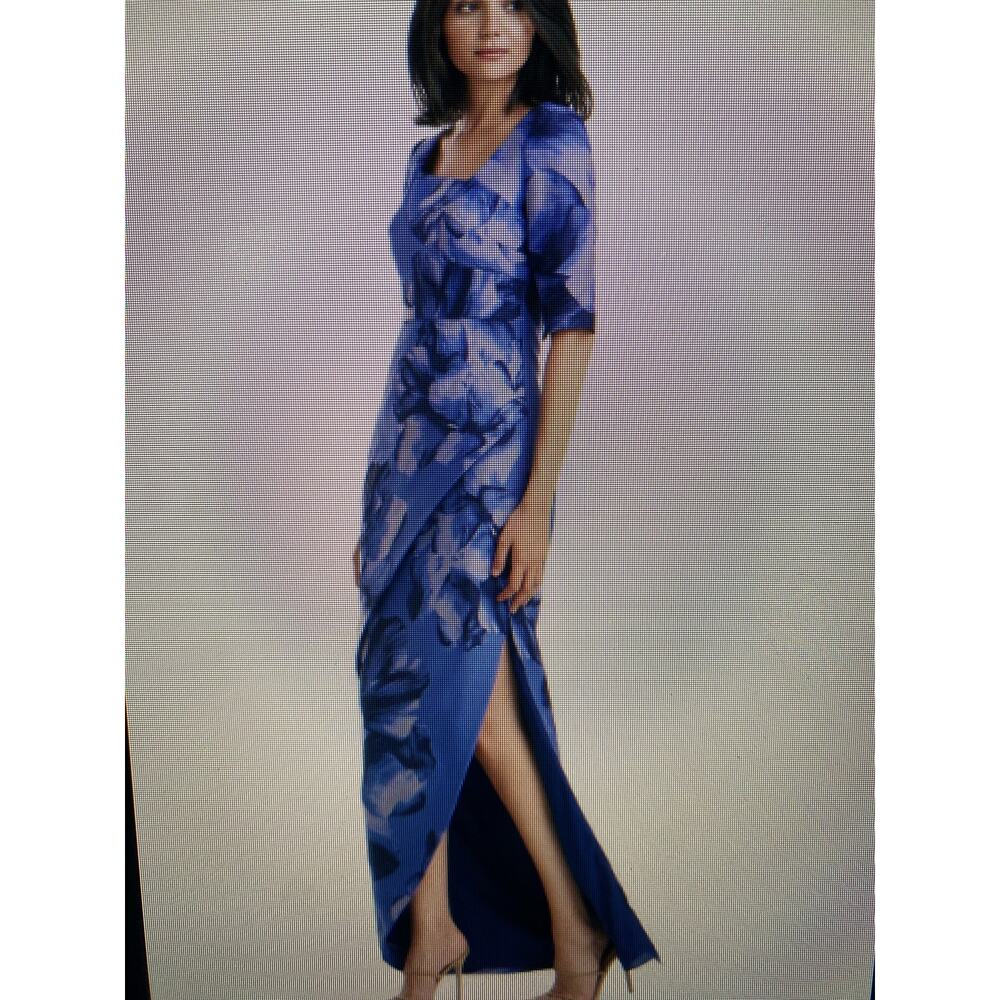 NWOT Kay Unger Octavia pleated column gown size 6 blue lavender